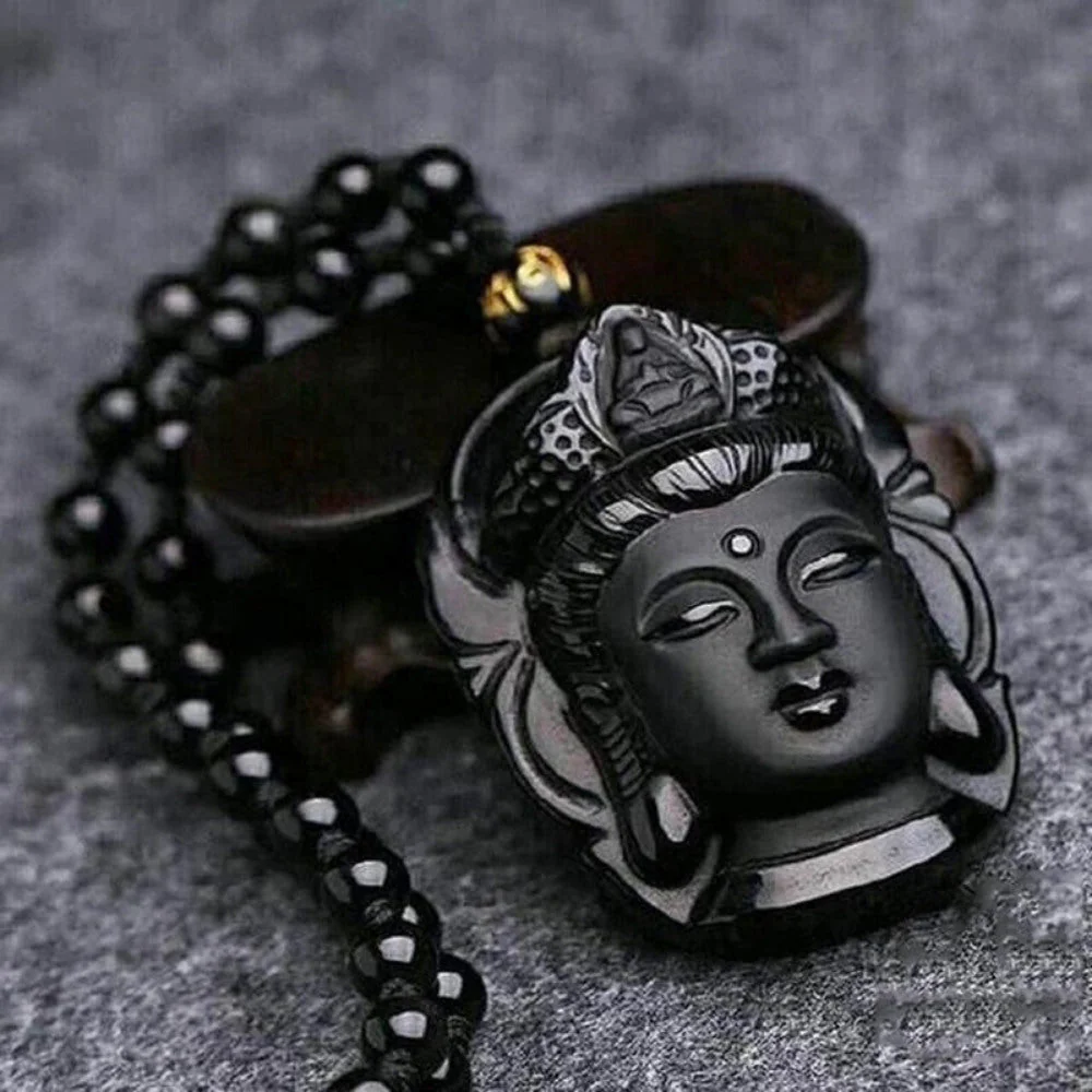 Black Buddha Obsidian Stone Necklace - Image 2