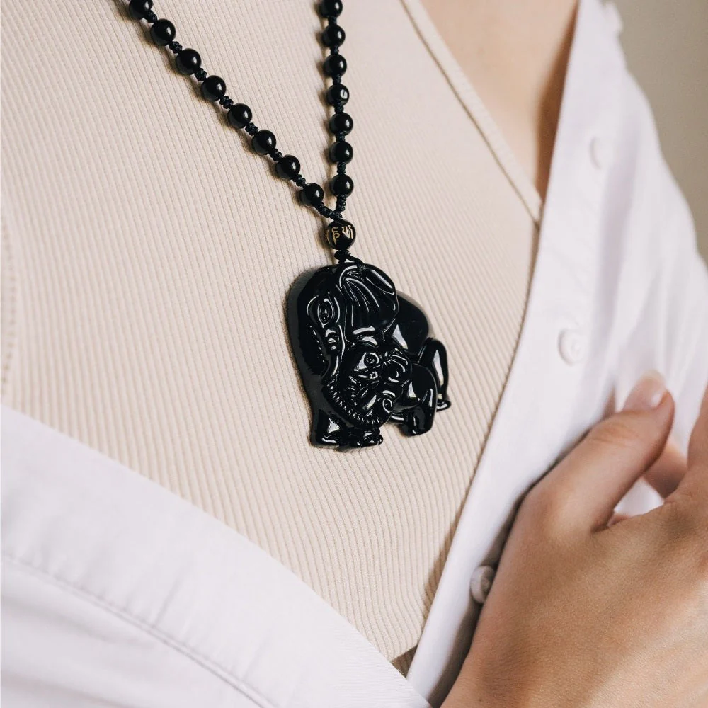 Elephant Charm Black Obsidian Crystal Necklace - Image 3