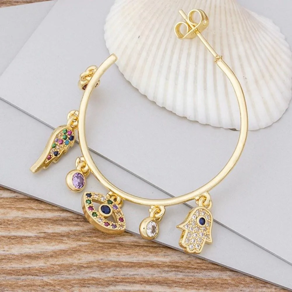 Gold Plated Hamsa Evil Eye Earrings - Image 3