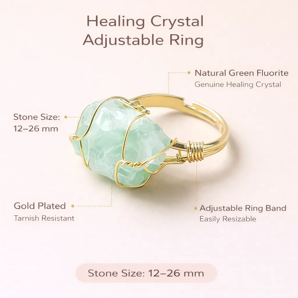 Healing Crystal Adjustable Ring — Natural Gemstone Statement Jewelry - Image 18