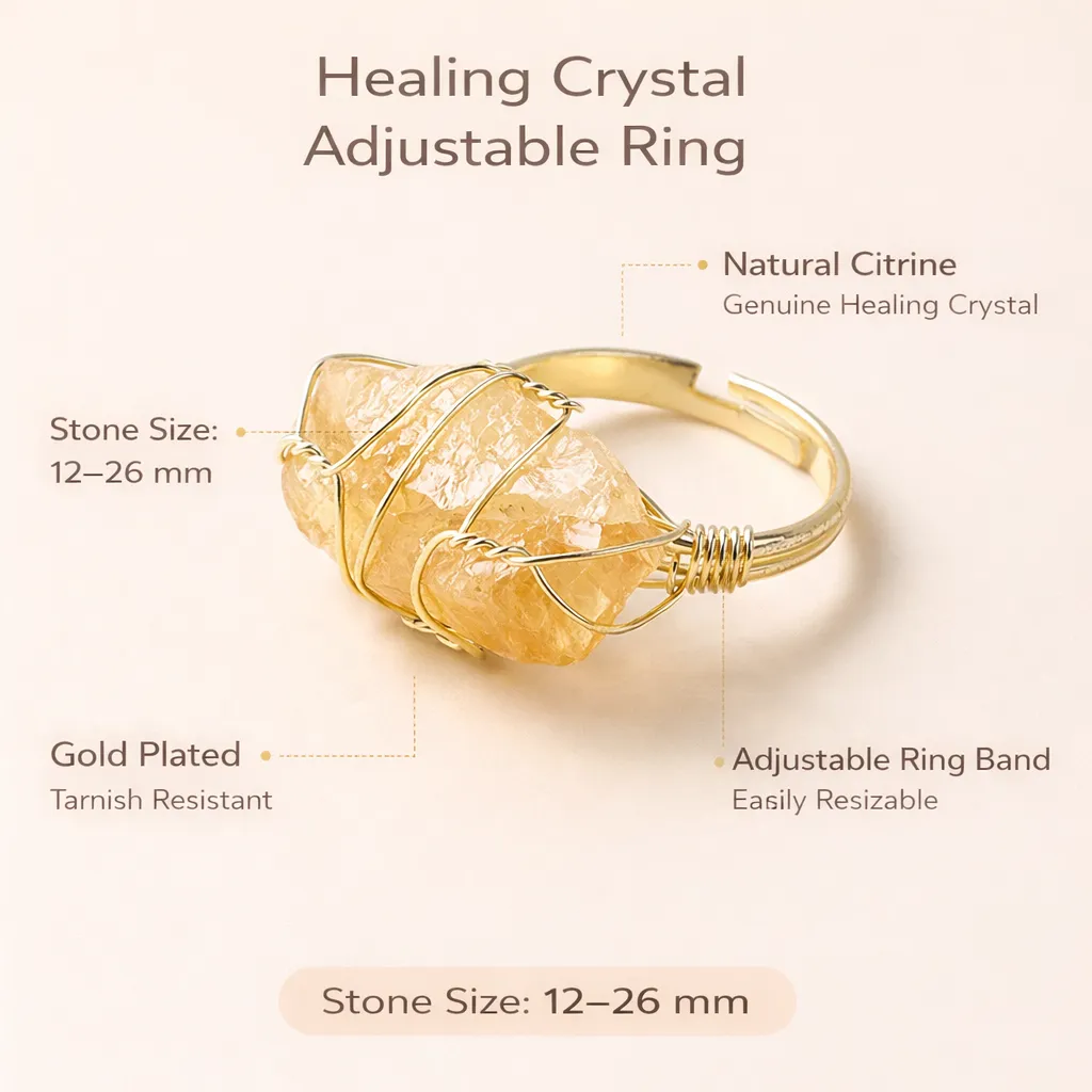 Healing Crystal Adjustable Ring — Natural Gemstone Statement Jewelry - Image 8
