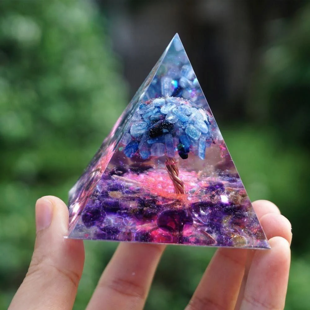 Kyanite Tree of Life Amethyst Orgonite Pyramid - Image 3