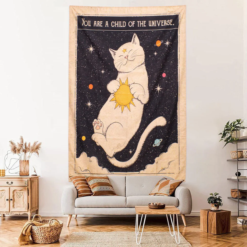 Mystical Dreaming Cat Tarot Wall Tapestry - Boho Decor - Image 4