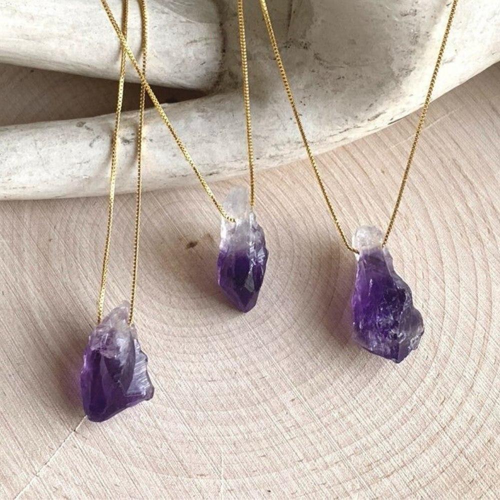 Raw Amethyst Purple Crystal Necklace With Golden Chain - Image 3
