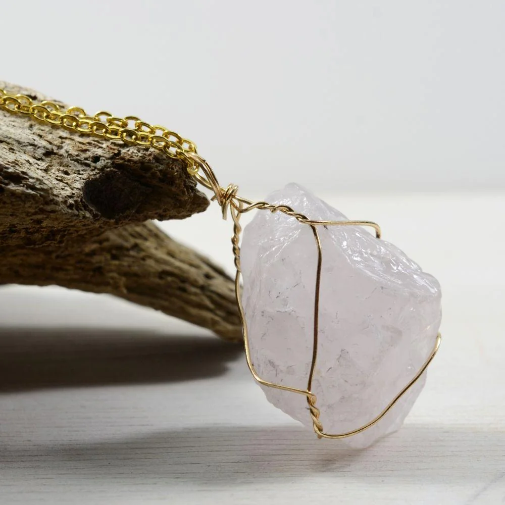 Raw Rose Quartz Golden Wire Necklace - Image 2
