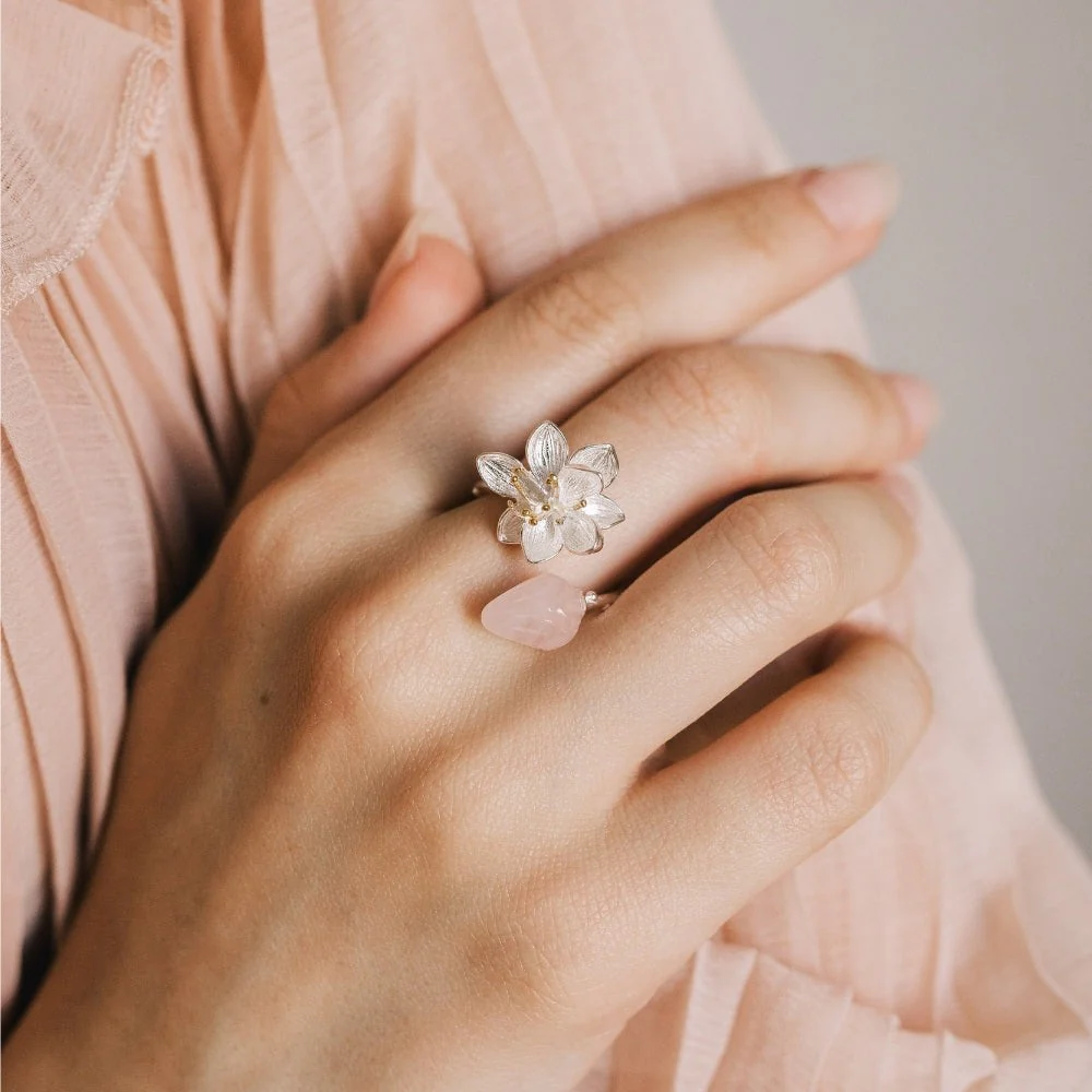Rose Quartz Lotus Handmade Crystal Ring - Image 2