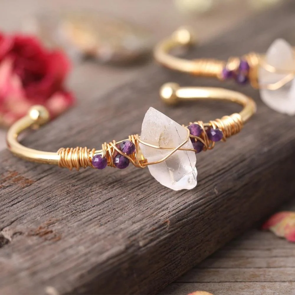 White Quartz Wire Wrap Golden Copper Bracelet - Image 3